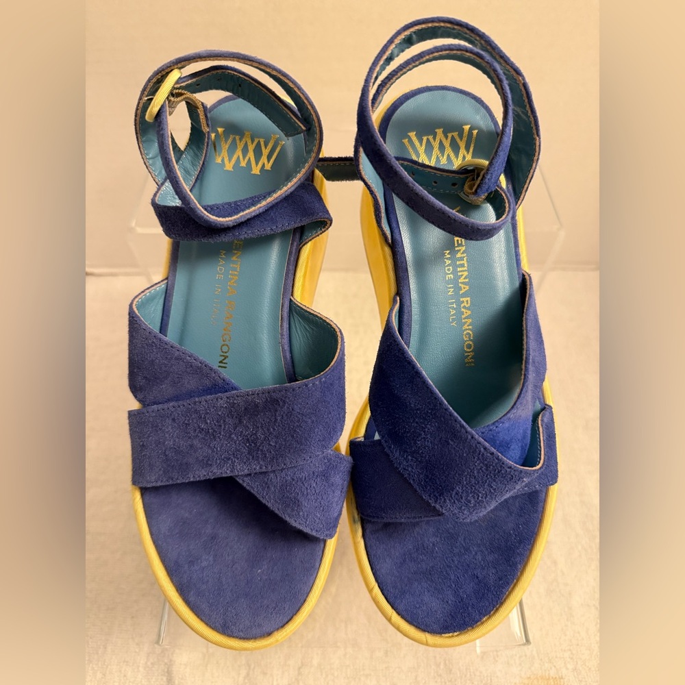 Valentina Rangoni Platform Sandals Italian Designer Cobalt Blue & Gold Size 7 - Picture 6 of 10